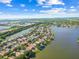 Stunning aerial view of a waterfront community with lush greenery, blue skies, and picturesque waterways at 12511 Lake Vista Dr, Gibsonton, FL 33534