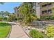 Beautiful condo exterior featuring a lushly landscaped water feature with palm trees and a sidewalk on a sunny day at 3035 Countryside Blvd # 15B, Clearwater, FL 33761
