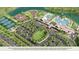 Aerial view of community amenities including pool, splashpad, tennis courts, and clubhouse at 2366 Wise River Lane, Zephyrhills, FL 33539