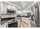 Well-lit kitchen boasts stainless steel appliances, white cabinets, and a stylish backsplash for a modern touch at 6731 Northlake Dr, Zephyrhills, FL 33542