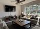 Bright living room with a large window, plush sofa, ceiling fan, and a stylish area rug at 3721 Heron Island Dr, New Port Richey, FL 34655