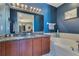 Bathroom with granite counters, double sinks, soaking tub and blue walls at 4409 W Gray St # 5, Tampa, FL 33609