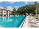 Inviting swimming pool with white lounge chairs for relaxing in a condo community at 2597 Countryside Blvd # 204, Clearwater, FL 33761