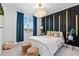 Beautiful bedroom with elegant chandelier, accent wall and blue curtains at 3061 Hollow Hickory Pl, Wesley Chapel, FL 33543