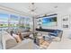 Inviting living room featuring a comfortable sofa, modern decor, a TV, and large windows overlooking the water at 3061 Hollow Hickory Pl, Wesley Chapel, FL 33543