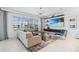 Inviting living room featuring a comfortable sofa, modern decor, a TV, and large windows overlooking the water at 3061 Hollow Hickory Pl, Wesley Chapel, FL 33543