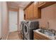 Convenient laundry room featuring modern washer and dryer, storage cabinets, and granite countertop at 2202 Sparkman Rd, Plant City, FL 33566