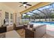 Covered brick patio with comfortable seating overlooking the screened-in pool at 2818 Mossy Timber Trl, Valrico, FL 33596