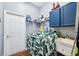 Functional laundry room with blue cabinets and a utility sink, providing ample storage space at 37110 Highland Bluff Cir, Dade City, FL 33523