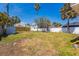 Spacious backyard with mature trees, a shed, and a white fence, perfect for outdoor entertaining at 15406 2Nd E St, Madeira Beach, FL 33708