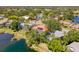 Aerial view of a lakeside property with a screened pool and solar panels on the terracotta roof at 8202 Shadow Pine Way, Sarasota, FL 34238