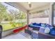 Relaxing screened in patio with comfortable seating and a ceiling fan at 5703 New Paris Way, Ellenton, FL 34222