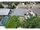 Aerial shot of the property showcasing the backyard pool, covered patio, and well-manicured lawn at 505 Hedge Row Rd, Brandon, FL 33510