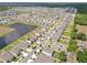 Wide angle aerial view showing neighborhood and pond at 5289 Fiddle Fig Ave, Wimauma, FL 33598