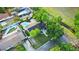 Aerial view showcases the home's backyard pool, landscaping, and proximity to neighboring properties at 7490 Locust Ne St, St Petersburg, FL 33702