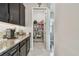 Walk-in pantry with shelving adjacent to the kitchen, providing ample storage space for groceries at 31840 Magna Gulf Loop, San Antonio, FL 33576