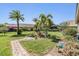 Beautifully landscaped backyard with a lush lawn, palm trees, and a charming walkway at 8721 Crystal Creek Ct, Land O Lakes, FL 34638