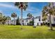 Townhouse exterior showcasing lush lawn, mature palm trees, and white siding under a clear sky at 738 Haven Pl, Tarpon Springs, FL 34689