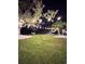 Wide green backyard at night with trees, white gravel, hammock, palm trees, and string lights for a relaxing atmosphere at 27740 Water Ash Dr, Wesley Chapel, FL 33544