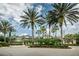 View of the community clubhouse surrounded by lush palm trees and landscaping under a partly cloudy sky at 27740 Water Ash Dr, Wesley Chapel, FL 33544