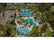 Aerial view of community pool with cabanas, a water park, lush landscaping and several palm trees at 27740 Water Ash Dr, Wesley Chapel, FL 33544