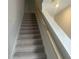 Carpeted staircase featuring wooden handrail and white risers, leading to the upper level of the home at 7677 Deer Valley Circle, Tampa, FL 33635