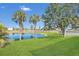 Expansive backyard with lush green grass and a serene lake view with palm trees at 6412 Coquina Island Cv, Apollo Beach, FL 33572