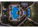 Aerial view of the community pool showcasing a modern design, surrounded by palm trees and lush landscaping at 2532 Avolet Ct, Lakewood Ranch, FL 34211