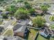 This is an aerial view of a suburban neighborhood showcasing well-maintained homes and mature trees, with solar panels on some roofs at 4601 Copper Ln, Plant City, FL 33566
