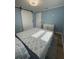 Bright bedroom with light blue walls features a barn door and a white cabinet at 9153 86Th Ave, Seminole, FL 33777