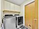 Laundry room features white cabinets, washer and dryer, and patterned tile flooring at 2900 Hammock Dr, Plant City, FL 33566