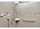 Modern shower featuring a handheld shower head, grab bar, and sleek tile surround with decorative accents at 8410 Red Spruce Ave, Riverview, FL 33578