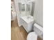 Bathroom featuring white vanity and toilet, with wood-look flooring and a large mirror at 1736 Taylor Lake Pl, Largo, FL 33778