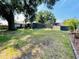 Spacious backyard featuring a screened-in pool, mature trees, and a storage shed at 3565 E Lake Dr, Land O Lakes, FL 34639