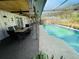 The covered patio has an outdoor dining area and ample space for relaxation by the screened pool at 3565 E Lake Dr, Land O Lakes, FL 34639