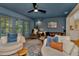 Comfortable living room with blue painted brick walls, fireplace and access to screened in patio at 709 S Himes Ave, Tampa, FL 33609