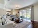 Open concept living room with hardwood floors and view to screened patio with outdoor seating at 18109 Kara Ct, Tampa, FL 33647