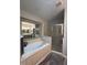 Spa-like bathroom featuring a soaking tub, a glass-enclosed shower, and elegant tile work at 1212 Georgia Trace Ave, Valrico, FL 33596