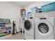 Well-organized laundry room with shelving, a utility sink, and modern washer and dryer at 10815 Laxer Cay Loop, San Antonio, FL 33576