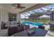 Covered patio features an outdoor dining table and view of the sparkling blue pool at 10815 Laxer Cay Loop, San Antonio, FL 33576