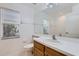 Bright bathroom with wood cabinetry, a large mirror, and a window providing natural light at 4305 Balmoral Ct, Wesley Chapel, FL 33543