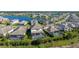 Aerial view of homes with screened pools near a large pond in a residential neighborhood at 4861 Antrim Dr, Sarasota, FL 34240