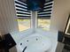 Modern bathroom featuring a jacuzzi style tub, patterned accent wall, and pond views at 18018 Malakai Isle Dr, Tampa, FL 33647