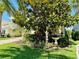 Beautifully landscaped yard with a large tree and flower garden with decorative bird bath at 18018 Malakai Isle Dr, Tampa, FL 33647