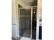 Contemporary bathroom features a glass shower with grey tile, and white wall paint at 302 Coco Plum Ct, Oldsmar, FL 34677