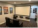 Cozy home theater featuring plush seating, a large screen, and decorative movie posters at 302 Coco Plum Ct, Oldsmar, FL 34677