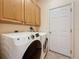 Well-lit laundry room boasts a GE washer and dryer set, complemented by oak cabinets and a white door at 1913 Blue River Rd, Holiday, FL 34691