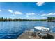 Dockside view with seating overlooking a serene lake and a clear blue sky at 18620 Wayne Rd, Odessa, FL 33556