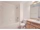 Clean bathroom showcasing a shower/tub combo and vanity with plenty of counter space at 26622 Castleview Way, Wesley Chapel, FL 33544