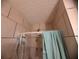 Close-up of the shower area showing tiled walls, shower head, and a shower curtain at 3619 Deleuil Ave, Tampa, FL 33610